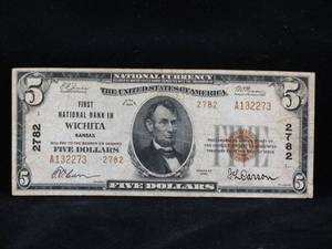 lot 45 image: 1929 $5 Wichita Kansas National Currency Bill