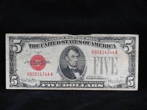 lot 53 image: 1928F $5 Red Seal Bill