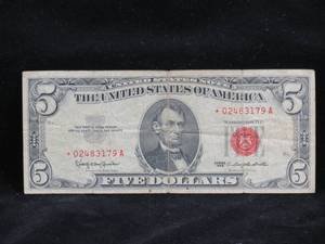 lot 54 image: 1963 $5 Red Seal Bill - Star Note