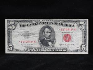 lot 55 image: 1953B $5 Red Seal Bill - Star Note