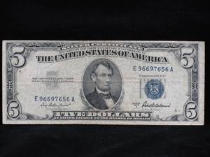 lot 49 image: 1953A $5 Blue Seal Silver Certificate
