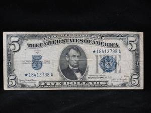 lot 46 image: 1934D $5 Blue Seal Silver Certificate - Star Note