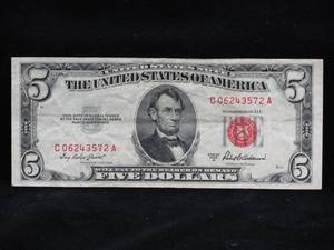 lot 58 image: 1953A $5 Red Seal Bill