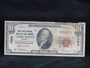 lot 39 image: 1929 Terre Haute Indiana $10 National Currency Bill