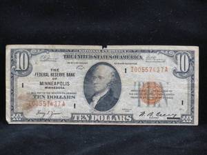 lot 37 image: 1929 $10 Minneapolis National Currency Bill