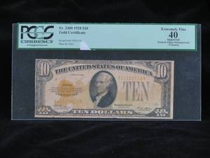lot 36 image: 1928 $10 Gold Certificate Bill - PCGS 40