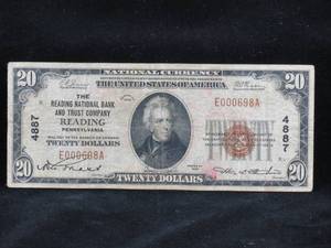lot 34 image: 1929 Reading Pennsylvania $20 National Currency Bill