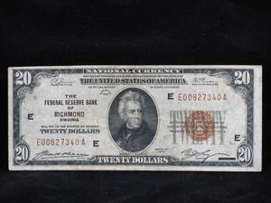 lot 33 image: 1929 Richmond Virginia $20 National Currency Bill