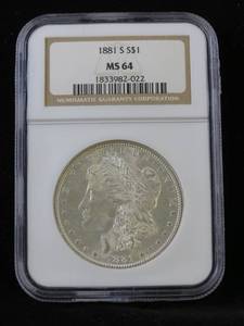 lot 5 image: 1881-S Morgan Silver Dollar - NGC MS64