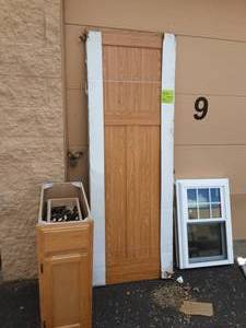 lot 12 image: 22x32 Window, 28 Wheat 3-Panel Door, 12 Wide Lower Cabinet With Large Of Of Hardware