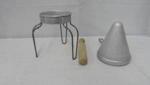 lot 38 image: Vintage Aluminum Cone Colander Strainer Sieve Juicer Stand Wood Pestle Masher