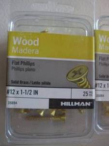 lot 4 image: Hillman #12 x 1-12-in Brass Flat IntExt Wood Screws (25-Count) 9-Packs