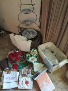 lot 49 image: Lot of Christmas Dcor, Snowman Dcor Stand With Plates, Placemats, Home Dcor & More
