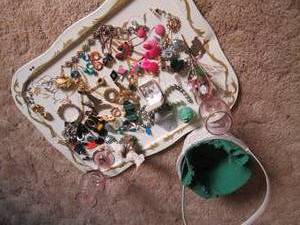 lot 57 image: Costume Jewelry on Tin, Basket, Hom...