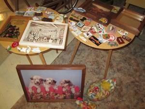 lot 90 image: (2) Makeshift Tables With Wall Art,...