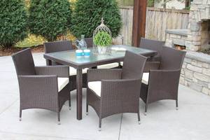 lot 321 image: M&E 7 Piece Wicker Outdoor Dining Set in Light Gray.