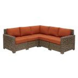 lot 349 image: Hampton Bay  5-Piece Brown Wicker Outdoor Patio Sectional Sofa Set with Standard Quarry Red Cushions - Missing one Box (1 Middle seat and cushions)