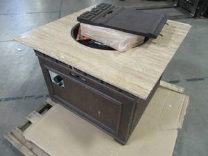 lot 403 image: Bond Manufacturing Sonoma 38 in. Square Envirostone and Travertine Propane Fire Pit  Chips, and Scratches.
