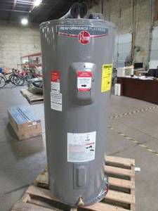lot 421 image: Rheem Gladiator 55 Gal. Tall 12 Year 55005500 Watt Smart Electric Water Heater with Leak Detection and Auto Shutoff. - Minor dents, not tested.