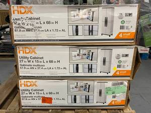lot 68 image: HDX Lot of Three, 35 in. W 4 Shelf Plastic Multi-Purpose Cabinet in Gray