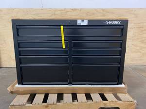 lot 80 image: HUSKY 46 in. W 9-Drawer, Deep Tool Chest Mobile Workbench in Black with Hardwood Top