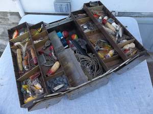 lot 51 image: Old Tackle Box With Wood Lures