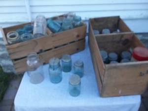 lot 63 image: 3-Wooden Crates With Mason Jars & Lids
