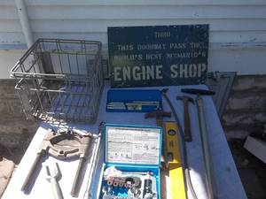 lot 75 image: Steel Milk Crate, Torque Wrench, Flaring Kits, Pulley Puller, Sign, Misc.