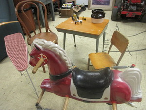 VINTAGE TRAIN-RITE ROCKING HORSE, SCHOOL DESKCHAIR, TOYS, BEAN CROCK, BENTWOOD CHAIR
