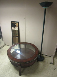 COFFEE TABLE, FLOOR LAMP, WALL MIRROR