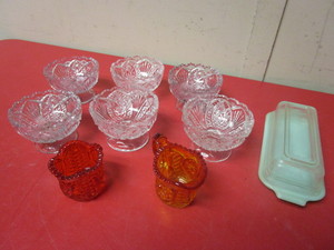 VINTAGE GLASS BERRY BOWLS, CARNIVAL GLASS SUGAR BOWL AND CREAMER PITCHER, FIRE KING BUTTER DISH