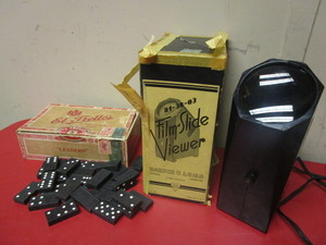 VINTAGE BAUSCH & LOMB FILM-SLIDE VIEWER, DOMINOES, EL TRELLES CIGAR BOX