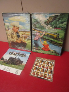 VINTAGE COWBOYS OF THE SILVER SCREEN STAMPS, ROY ROGERS PUZZLE, TRAIN PUZZLE, TRACTOR CALENDAR