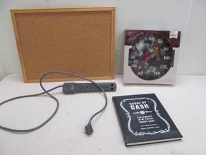 bulletin board, power strip, therometer,book