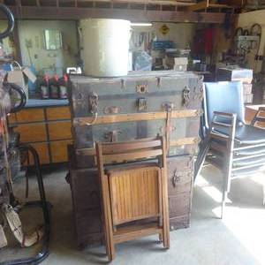 lot 13 image: Lot of 2 Vintage Luggage Trunks, 2 Vintage Chairs and a Ceramic Crock