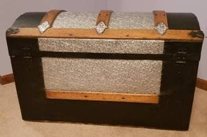 lot 50 image: Antique Metal Embossed Camelback Trunk