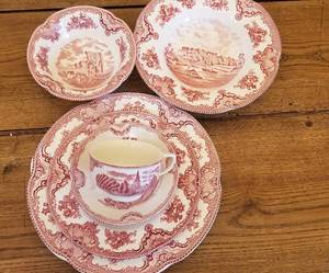 lot 21 image: Johnson Brothers Red Transferware China Service  43 pc