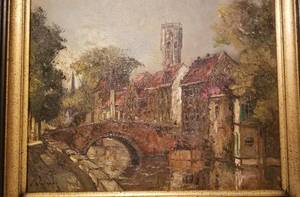 lot 9 image: Original European City Scape Oil Painting Artist Signed L. Woliers