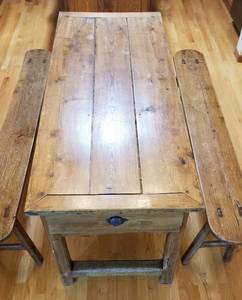 lot 3 image: Antique Hickory Peasant Harvest Table with Bench Seating