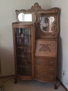 lot 62 image: Antique Carved Pawfoot Secretary Desk & Curio Cabinet
