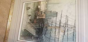 lot 96 image: Framed Art Print- Ship at Harbor