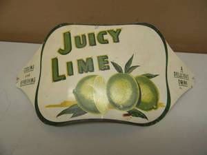 lot 19 image: VINTAGE TIN JUICY LIME - COOL and REFRESHING - A DELICIOUS DRINK, OAK BARREL SODA DISPENSER ADVERTISING SIGN - RARE - SEE PICTURES