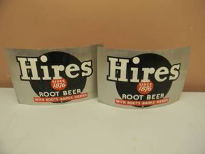 lot 20 image: 2 -VINTAGE TIN HIRES ROOT BEER SINCE 1876 OAK BARREL SODA DISPENSER ADVERTISING SIGN - RARE - SEE PICTURES
