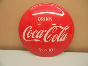 lot 23 image: VERY VERY RARE - VINTAGE COCACOLA PLASTIC BUTTON SIGN - DRINK COCACOLA 5 & 10 CENTS - APPROX 14 12 - SEE PICTURES