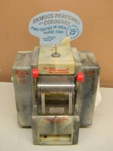 lot 25 image: RARE - Vintage Diner Coin-Operated Perfumes and Colognes Napkin Dispenser with Marquee - WITH KEY & PERFUMES & COLOGNES - SEE PICTURES