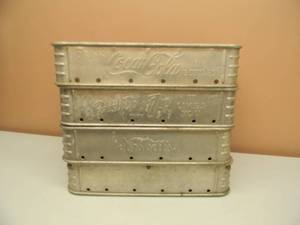 lot 36 image: 4 VINTAGE STAMPED LOGO ALUMINUM BOTTLE CARRIERS - COKE, 7uP, HIRES, NESBITTS - NICE - SEE PICTURES