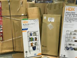 LOT WITH ASSORTED HDX UTILITIY CABINETSSHELVES DIFFERENT SIZES & CONDITIONS SEE PICS
