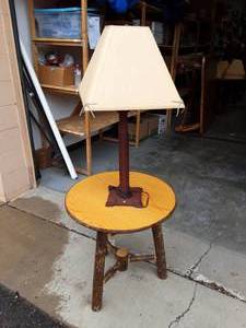 lot 7 image: Old Hickory Round Table 24x24 & Attached 33 Lamp