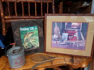 lot 30 image: Minnow Bucket, Net, Outdoor Life Poster 20x24, Other Signed Ronald Lewis 32x28