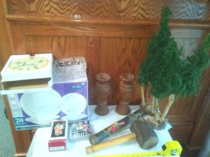 lot 57 image: Misc. 20 pc. Dinnerware  New, Teak candle holders, mallet and more.